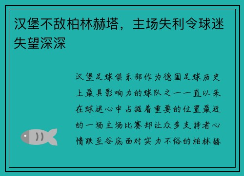 汉堡不敌柏林赫塔，主场失利令球迷失望深深