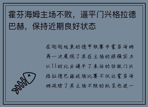 霍芬海姆主场不败，逼平门兴格拉德巴赫，保持近期良好状态