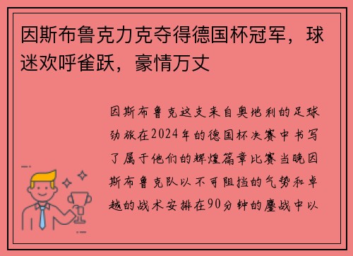 因斯布鲁克力克夺得德国杯冠军，球迷欢呼雀跃，豪情万丈