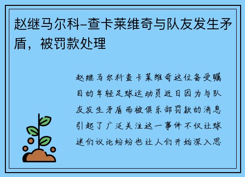 赵继马尔科-查卡莱维奇与队友发生矛盾，被罚款处理