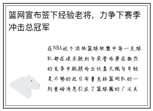 篮网宣布签下经验老将，力争下赛季冲击总冠军