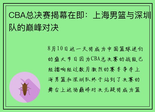 CBA总决赛揭幕在即：上海男篮与深圳队的巅峰对决
