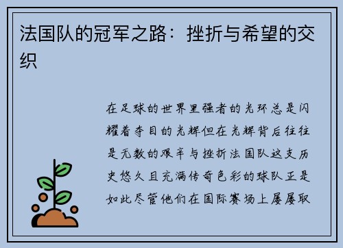 法国队的冠军之路：挫折与希望的交织