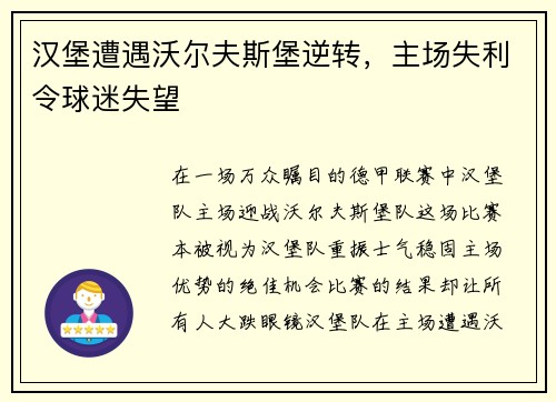 汉堡遭遇沃尔夫斯堡逆转，主场失利令球迷失望