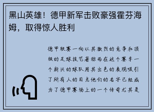 黑山英雄！德甲新军击败豪强霍芬海姆，取得惊人胜利