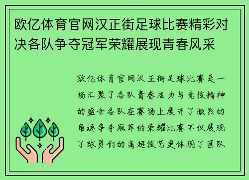 欧亿体育官网汉正街足球比赛精彩对决各队争夺冠军荣耀展现青春风采