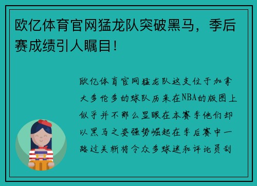 欧亿体育官网猛龙队突破黑马，季后赛成绩引人瞩目！
