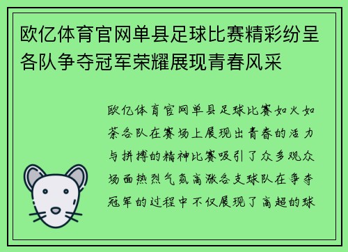 欧亿体育官网单县足球比赛精彩纷呈各队争夺冠军荣耀展现青春风采