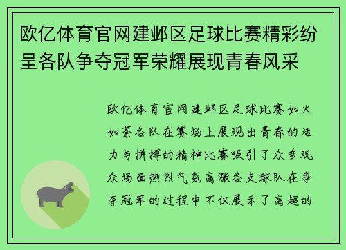 欧亿体育官网建邺区足球比赛精彩纷呈各队争夺冠军荣耀展现青春风采
