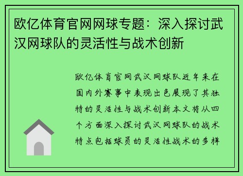 欧亿体育官网网球专题：深入探讨武汉网球队的灵活性与战术创新
